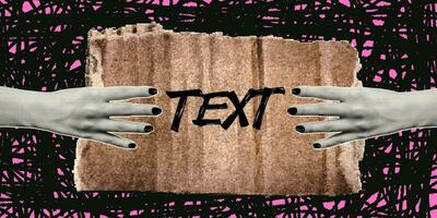 Banner in retro collage style. Hands with a halftone effect hold a cardboard sign. Scratched background with doodle texture. Layout of an advertisement in a youth style. vector