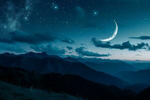 AI generated Panorama view of Night sky and moon, stars, Ramadan Kareem islamic background photo