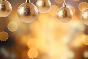 AI generated Close up of decorative Christmas bauble with bokeh light photo