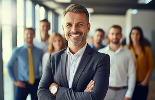 AI generated confident businessman with colleagues in background photo