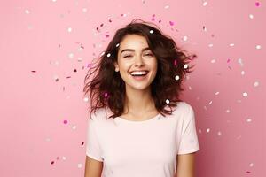 AI generated Portrait of beautiful young woman with confetti on isolated background generative AI photo