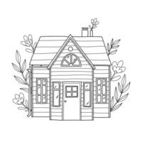 Hand drawn village cottage decorated with flowers and leaves for coloring pages, sublimations, prints, stickers, cards, banners, preschool activities. EPS 10 vector
