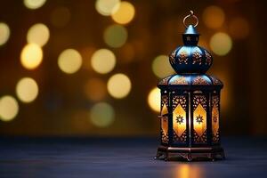 ai generado ornamental Arábica linterna brillante en mesa para musulmán santo mes Ramadán kareem foto