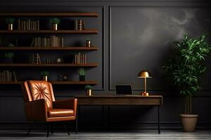 AI generated 3d rendered Minimal dark style Modern living room interior design with modern chair photo