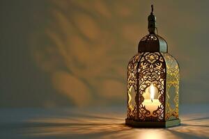 AI generated Ornamental Arabic lanterns. Glittering golden bokeh lights on the table photo