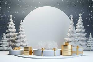 AI generated 3d rendered white and snowy Podium display for merry Christmas event photo