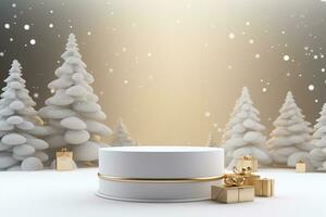AI generated 3d rendered white and snowy Podium display for merry Christmas event photo