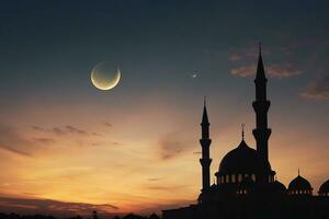 ai generado islámico antecedentes de silueta islámico mezquita a noche con Luna en azul cielo foto