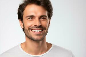 AI generated portrait handsome man with dark hairstyle bristle and toothy smile dressed in white sweatshirt photo