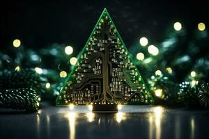 AI generated Christmas tree made with circuit board technology concept photo