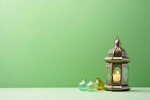AI generated Arabic lantern glowing on pastel green background holy month Ramadan Kareem photo