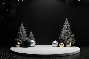 AI generated merry Christmas 3d rendered black and white Podium display for event photo