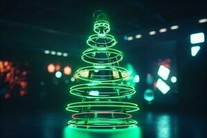 AI generated Christmas tree concept made of light trail technology concept photo