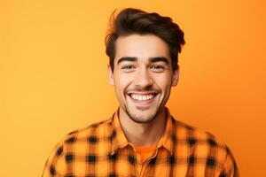 AI generated handsome bearded posing against wearing check orange shirt on orange background photo