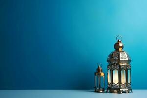 AI generated Arabic lantern glowing on blue background holy month Ramadan Kareem photo