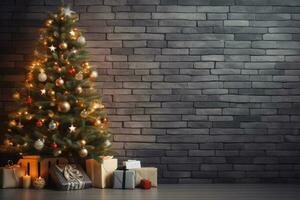 AI generated View of beautifully decorated christmas tree in home photo