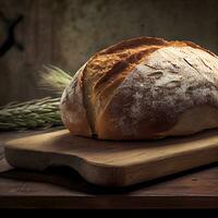 Homemade crispy rye bread ready eat Hot bread just out the oven on wooden board photo