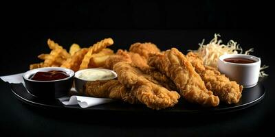 AI Generated deep-fried chicken strips with barbicuit BBQ sauce on a black background photo