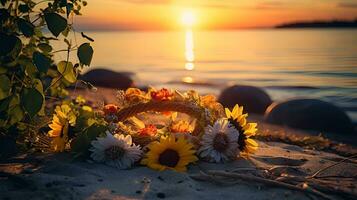 ai generado un guirnalda de flores en un playa ese capturas el esencia de el verano solsticio representando mas largo día de el año en junio foto