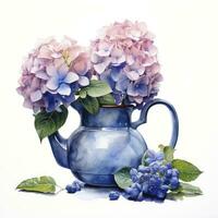 AI generated Watercolor hydrangeas in teapot isolated on white background. AI Generated photo