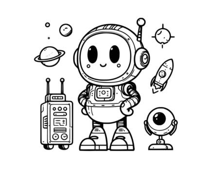 linda dibujos animados personaje de robot para colorante libro sin color, contorno línea Arte. imprimible diseño. aislado blanco antecedentes vector