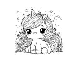 Cute Cartoon Character of unicorn for coloring book. outline line art. Printable Design. isolated white background vector