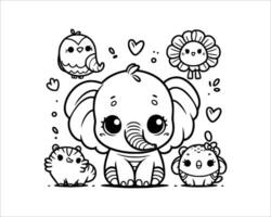 Cute Cartoon Character of elephant for coloring book without color, outline line art.  Printable Design. isolated white background vector