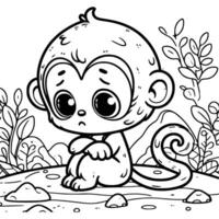 Cute Cartoon Character of Monkey for coloring book without color, outline line art.  Printable Design. isolated white background vector
