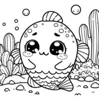 linda dibujos animados personaje de pescado para colorante libro. contorno línea Arte. imprimible diseño. aislado blanco antecedentes vector