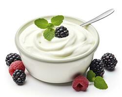 AI generated Green bowl of greek yogurt and fresh berries isolated on white background. AI Generated photo