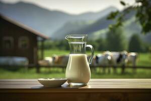AI generated Glass pitcher with fresh milk on a wooden table. AI Generated photo