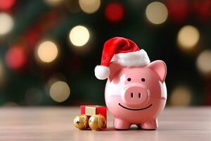 AI generated Piggy bank with santa hat for christmas spending budget and money management photo