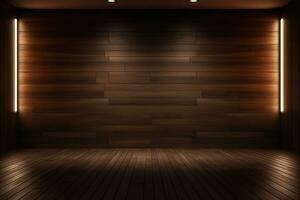 AI generated 3d rendered empty wooden room with lights and copy space photo