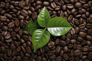 AI generated Green leaves with coffee beans as background. AI Generated photo