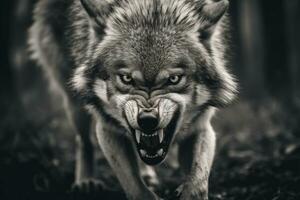 AI generated Greyscale closeup shot of an angry wolf with a blurred background. AI Generated photo