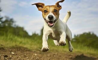AI generated Jack Russel Parson Dog Run Toward The Camera Low Angle High Speed Shot. AI Generated photo