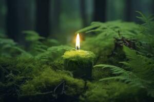 AI generated Burning candle on moss, dark green blurred the natural background. Magic candle. Generative AI photo