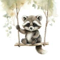 AI generated Cute baby raccoon in watercolour style, sitting on swings attached to the tree. AI Generated photo