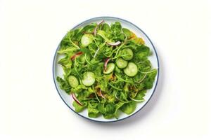 AI generated Healthy fresh green salad plate shot from above on white background. AI Generated photo