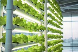 AI generated Vertical Hydroponic Plant System With Cultivated Lettuces. AI Generated photo