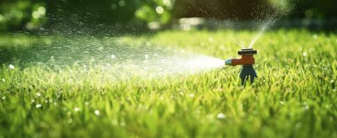 AI generated Automatic garden lawn sprinkler in action watering grass. AI Generated photo