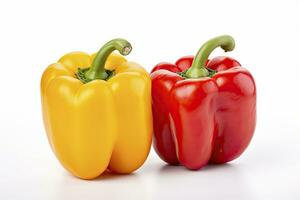 AI generated Two bell peppers, a red and a yellow isolated on white background. AI Generated. photo