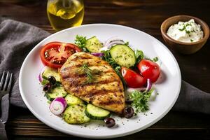 AI generated Seared chicken breast and Greek salad on a wooden table. Generative AI photo
