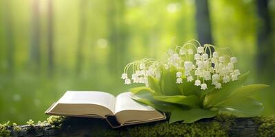 AI generated Lily of the Valley flowers and old books in the forest, green natural background. AI Generated photo