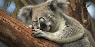 AI generated Koala asleep in tree. AI Generated photo