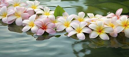 ai generado plumeria flores en verde hoja flotante en agua. un pacífico y sereno escena con un toque de naturaleza y belleza. ai generado foto