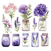 AI generated Collection of watercolor mason jars with purple flowers clipart. AI Generated photo