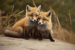 AI generated Wild baby red foxes cuddling at the beach. Generative AI photo