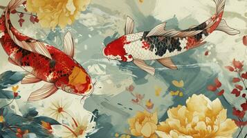 AI generated Asian background, Oriental Japanese style abstract pattern background design with koi fish decorate in watercolor texture photo