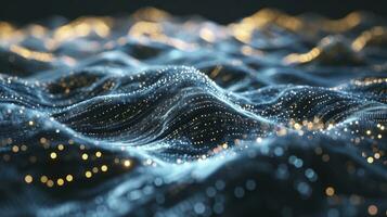 AI generated Abstract wave with moving dots and lines. Flow of particles. Cyber technology illustration. 3d rendering photo